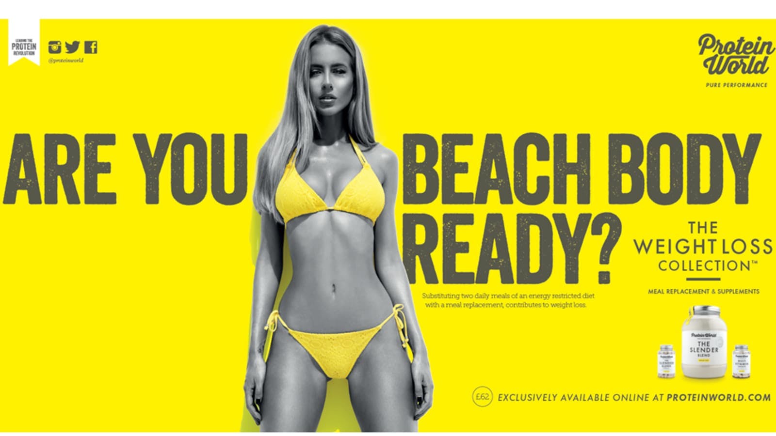 An advertisement of a skinny blonde woman in a yellow bikini, along with the text 'Are you beach body ready?'