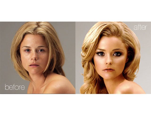 An image of a blonde woman 'before', and a heavily photoshopped version 'after', where she has enlarged eyes, makeup, and voluminous hair.